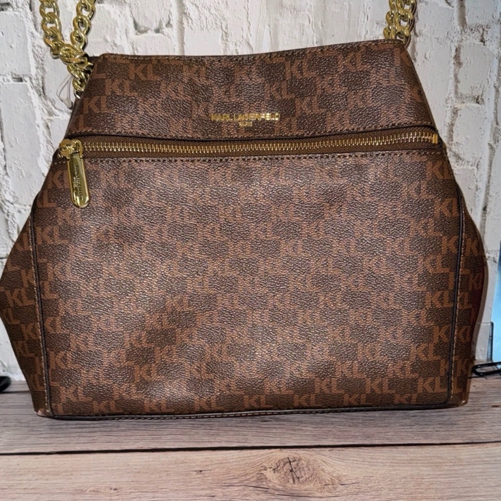 Karl Lagerfeld Paris Vegan Brown Monogram  Triple Entry Tote Handbag